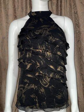 Bwear Black Halter Ruffle Camisole with Gold Brushstroke